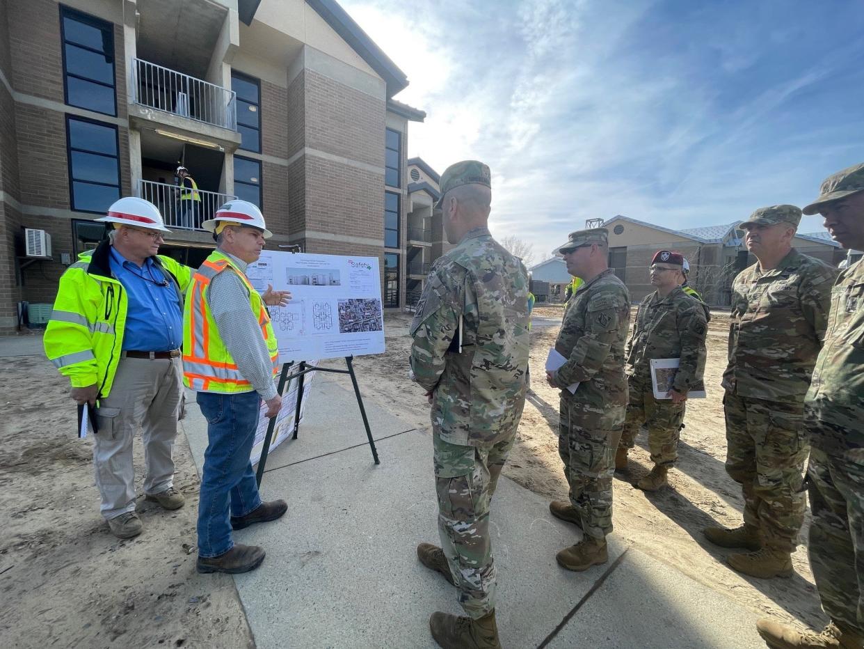 Lt. Gen. Scott Spellmon, 55th chief of engineers and commander of the U.S. Army Corps of Engineers, visits Fort Liberty on Dec. 13, 2023, to see the progress of the Smoke Bomb Hill Barracks renovation along with Lt. Gen. Christopher Donahue, commander of the 18th Airborne Corps and Fort Liberty, and Col. Ron Sturgeon, USACE, Savannah District commander.