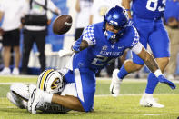 Kentucky running back Chris Rodriguez Jr. (24) fumbles the ball near the end zone during the first half of the team's NCAA college football game against Missouri in Lexington, Ky., Saturday, Sept. 11, 2021. (AP Photo/Michael Clubb)