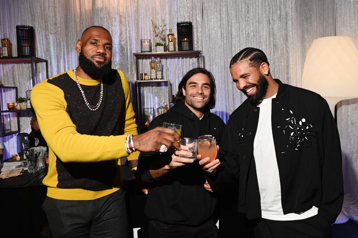 LeBron James, Lobos 1707 founder and chief creative officer Diego Osorio and Drake at the tequila&#39;s official launch into Canadian market at Harbour 60 in Toronto, Ontario, in March 2022.