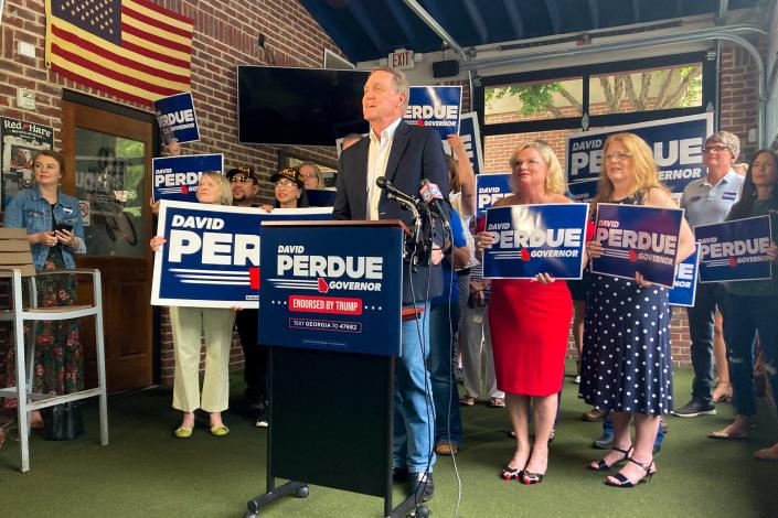Republican candidate for Georgia governor and former U.S. Sen. David Perdue speaks in Dunwoody, Ga. on Monday, May 23, 2022. (AP Photo/Sudhin S. Thanawala)
