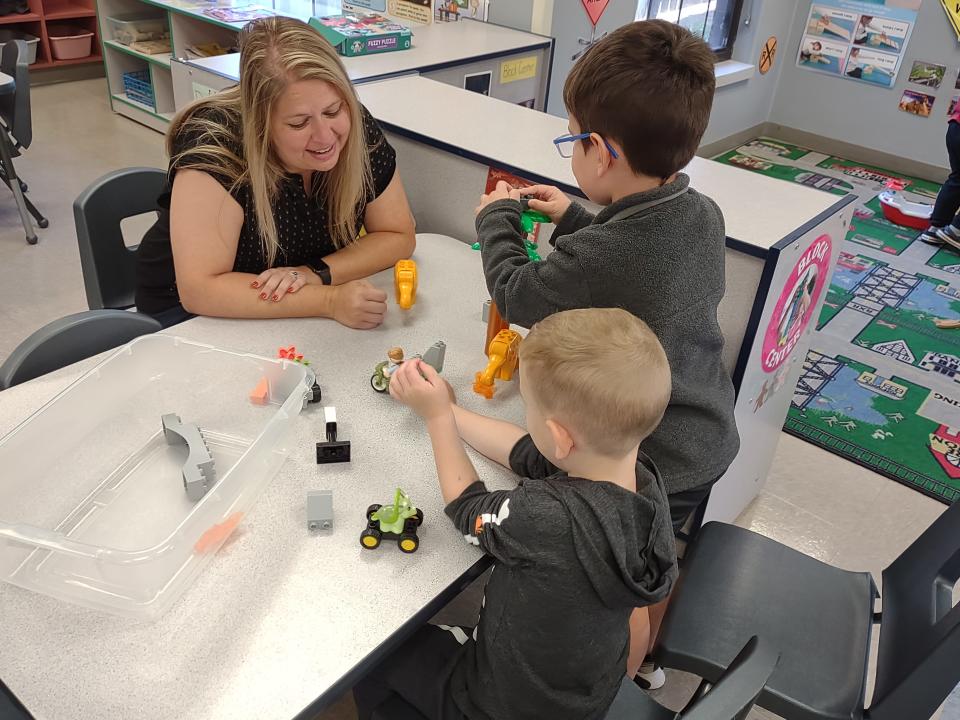 Rep.-elect Melanie Stinnett, a Springfield Republican, visits Cox Learning Center alongside other local lawmakers. Improving access and costs to child care is expected to be a priority for a number of lawmakers in the 2023 legislative session.