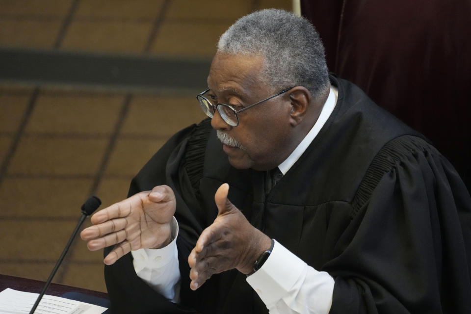 Mississippi Supreme Court Presiding Justice Leslie D. King asks a question of lawyers during their arguments on the constitutionality of a Mississippi law that would authorize some judges who would be appointed in a state where most judges are elected, Thursday, July 6, 2023, before the state supreme court in Jackson, Miss. (AP Photo/Rogelio V. Solis)