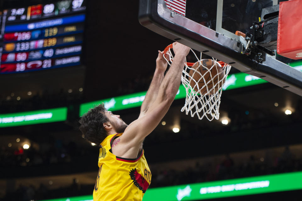 Atlanta Hawks forward Danilo Gallinari (8) scores during the second half of an NBA basketball game against the Milwaukee Bucks, Monday, Jan. 17, 2022, in Atlanta. (AP Photo/Hakim Wright Sr.)