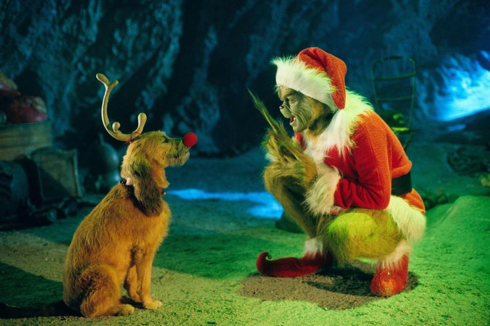 Eine wirklich große Filmrolle bekam der Hund Max nicht, trotzdem ist es verwunderlich, dass er nicht vor dem Grinch (Jim Carrey), im gleichnamigen Film, davonrannte. Im Weihnachts-Klassiker muss sich Max als Rentier durchschlagen. (Bild: Universal Pictures Germany GmbH)