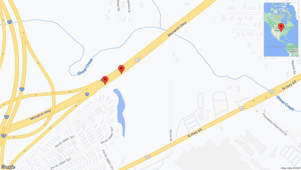 A detailed map that shows the affected road due to 'I-35 Richtung US-69/Exit 13' on January 8th at 12:34 p.m.