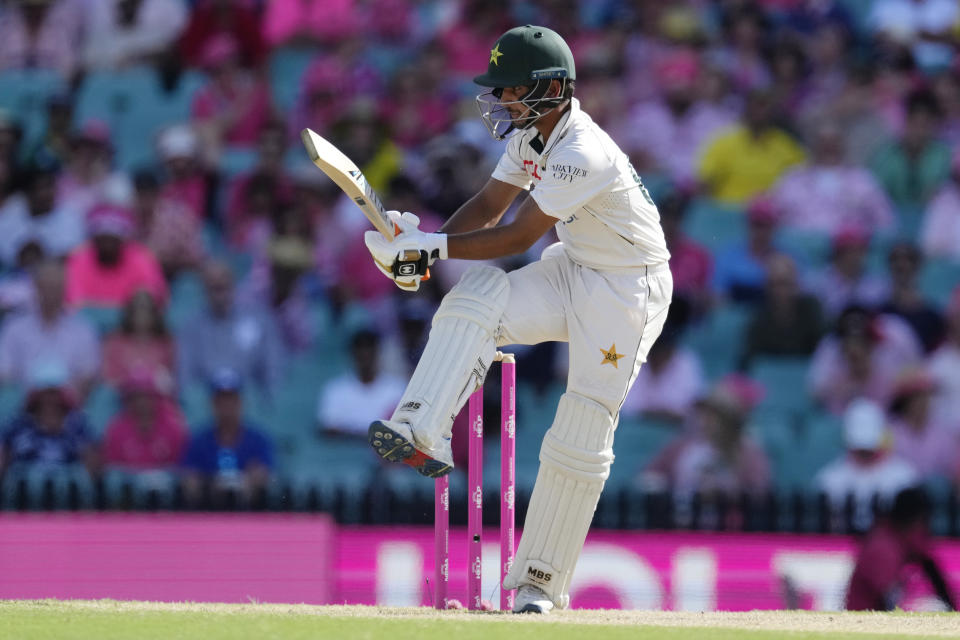 Pakistan's Saim Ayub bats against Australia on the third day of their cricket test match in Sydney, Friday, Jan. 5, 2024. (AP Photo/Rick Rycroft)