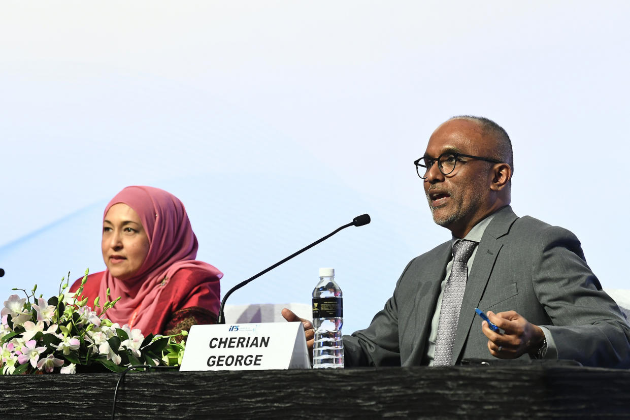 Hong Kong Baptist University media professor Cherian George (right) speaking at a conference to mark the 30th anniversary of the Institute of Policy Studies. (PHOTO: Jacky Ho, for the Institute of Policy Studies, NUS)