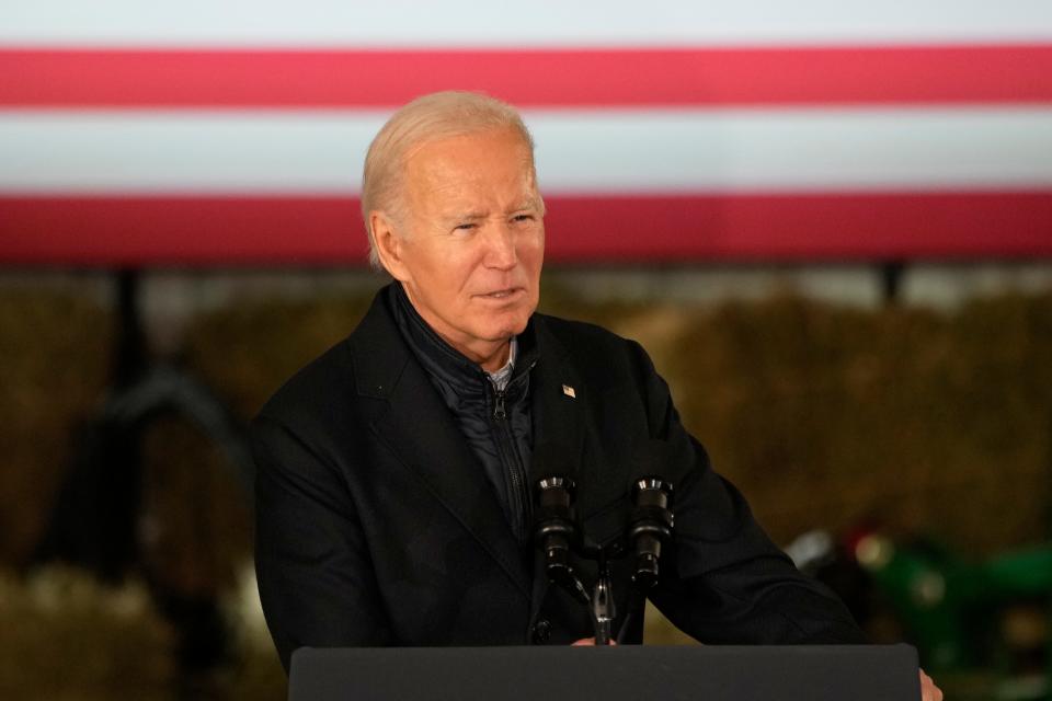 President Joe Biden speaks at Dutch Creek Farms, Wednesday, Nov. 1, 2023, in Northfield, Minnesota.