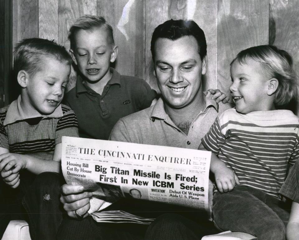 FEBRUARY 8, 1958: Bell Signs Contract - Cincinnati Outfielder Gus Bell is surrounded by three of his five children as he relaxes in his home here. The popular Bell signed his 1959 contract yesterday, 2/8/58. Younger members of the Bell household are, left to right, Tim (4), Buddy (7), and Becky (3).
The Enquirer/Bob Free