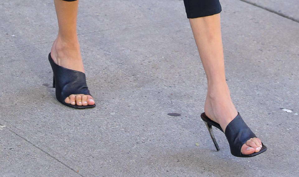 Bella Hadid wearing Ferragamo mules. 