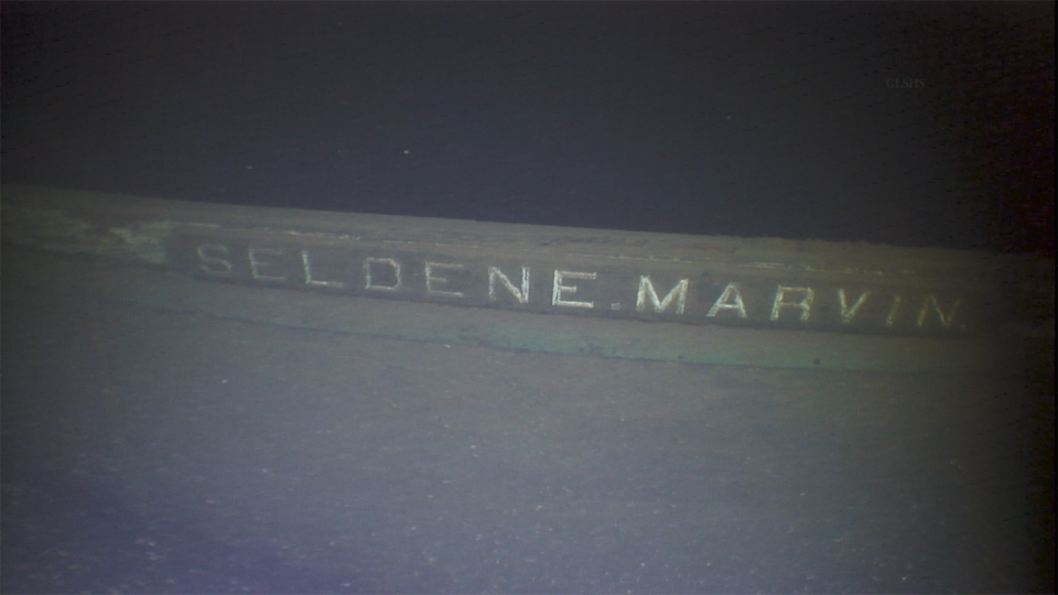 The name of the Selden E. Marvin is visible on the shipwreck.