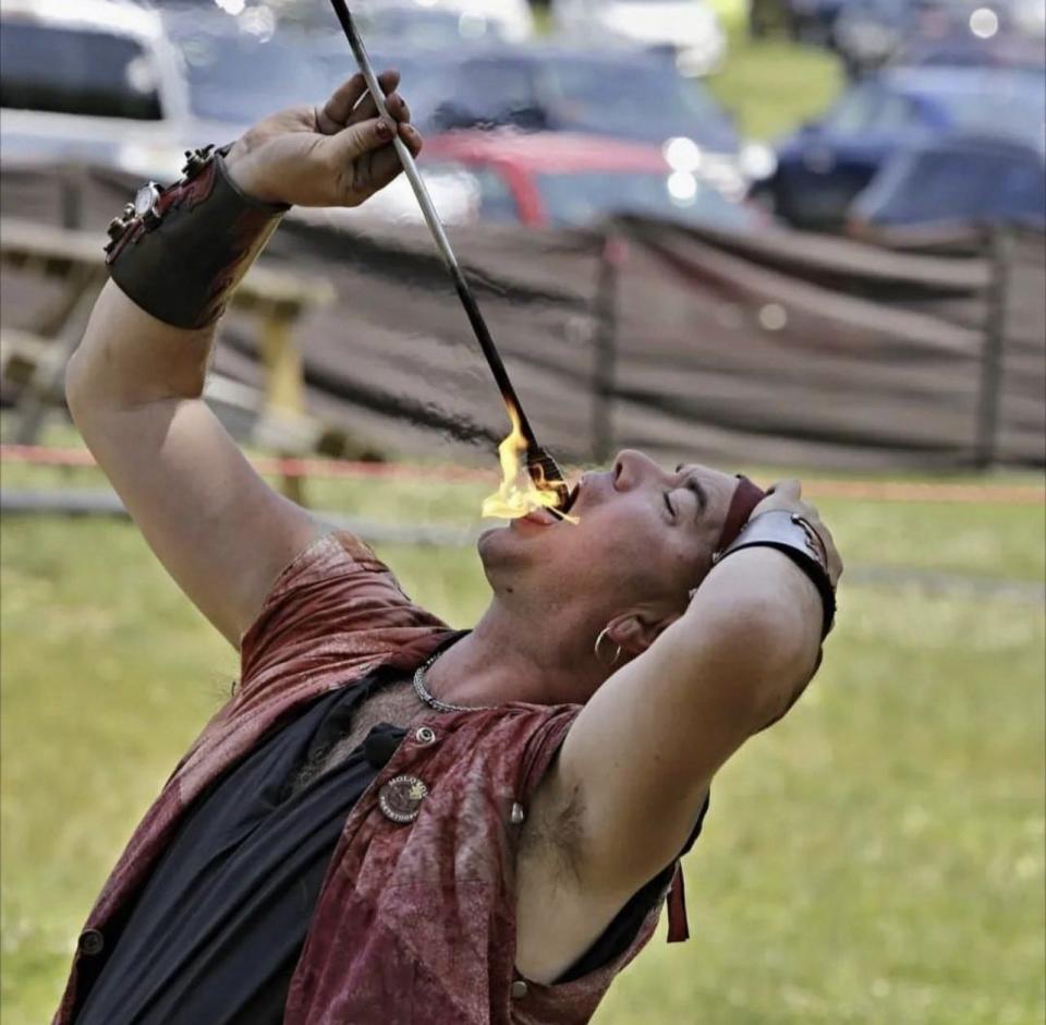 Stoopid Human tricks ‘Molotov’ and the Incendiary NPCs are two fire acts at the Ames Renaissance Faire.