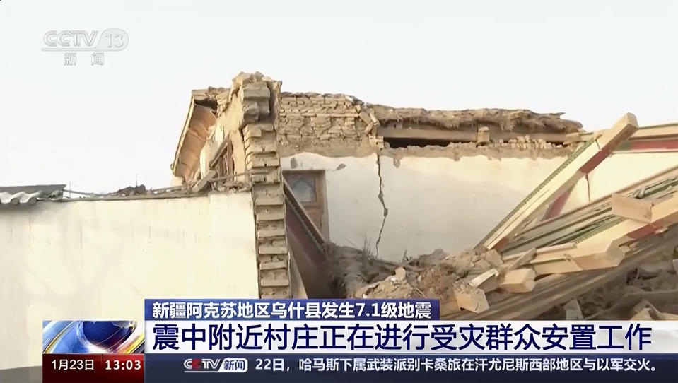 This image taken from video footage run by China's CCTV, shows a house damaged by an earthquake in Aksu prefecture, China’s Xinjiang Tuesday, Jan. 23, 2024. A strong earthquake struck China’s far western Xinjiang region early Tuesday, knocking out power and destroying homes, local authorities and state media reported. (CCTV via AP)