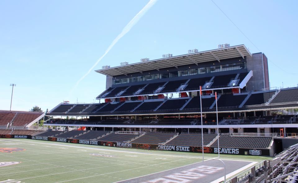 The new west side of Oregon State's Reser Stadium is shown Tuesday, Aug. 8, following a renovation project that cost more than $160 million. Oregon State is looking for stability for its teams after the college sports realignment that has destabilized the Pac-12.