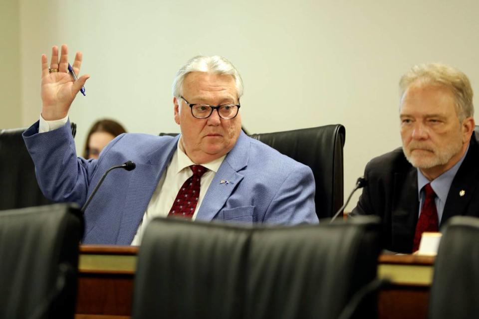 State Sen. Billy Garrett, R-McCormick, votes against sending a hate crimes bill to the full Senate Judiciary Committee during a subcommittee hearing, Tuesday, March 28, 2023, in Columbia, S.C. (AP Photo/Jeffrey Collins)