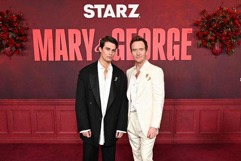 Nicholas Galitzine and Tony Curran attend STARZ's premiere of Mary and George at The Biltmore Los Angeles on March 21, 2024 in Los Angeles, California.