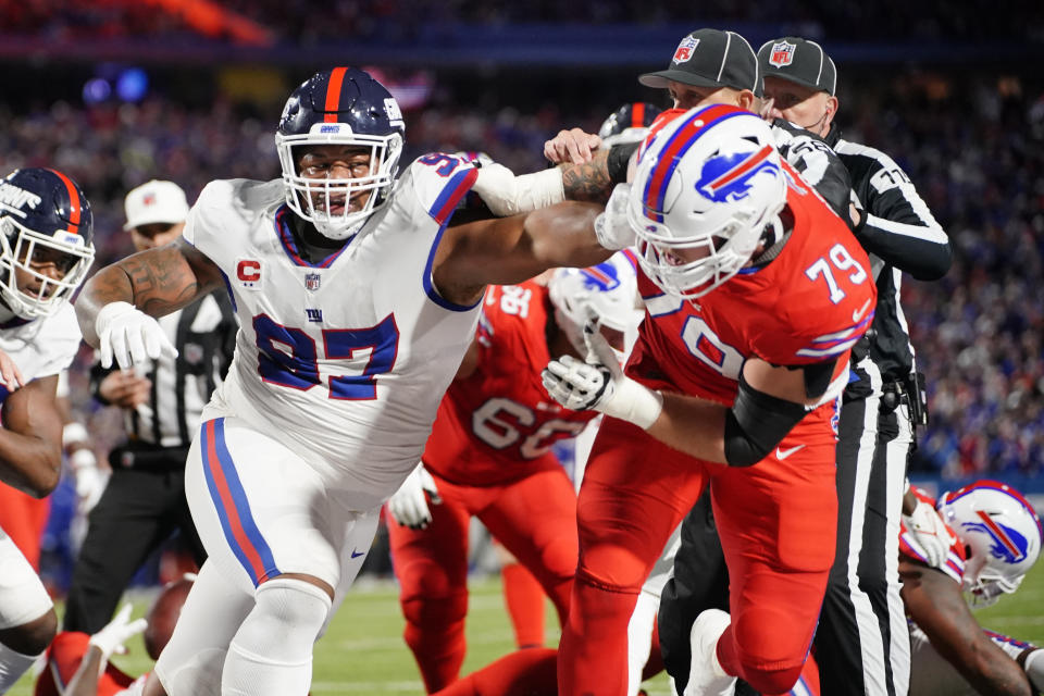 New York Giants defensive tackle Dexter Lawrence II (97) and Buffalo Bills offensive tackle <a class="link " href="https://sports.yahoo.com/nfl/players/33481" data-i13n="sec:content-canvas;subsec:anchor_text;elm:context_link" data-ylk="slk:Spencer Brown;sec:content-canvas;subsec:anchor_text;elm:context_link;itc:0">Spencer Brown</a> (79). Mandatory Credit: Gregory Fisher-USA TODAY Sports