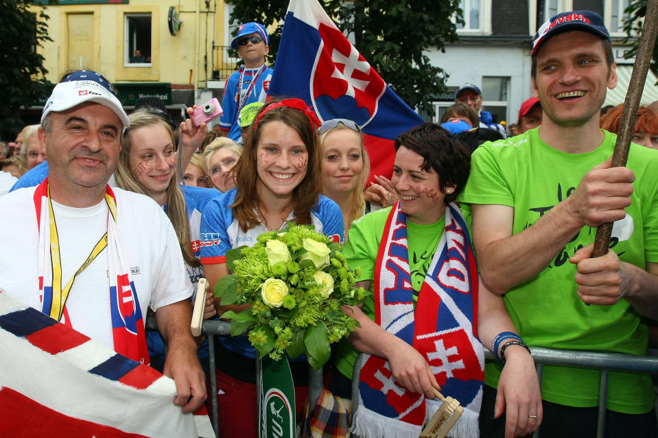 BOULOGNE-SUR-MER, FRANCE - JULY 03: Fans celebrate after Peter Sagan of Slovakia riding for Liquigas-Cannondale won stage three of the 2012 Tou de France from Orchies to Boulogne-sur-Mer on July 3, 2012 in Boulogne-sur-Mer, France. (Photo by Doug Pensinger/Getty Images)