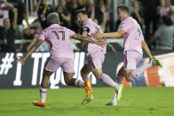 Inter Miami forward Lionel Messi (10) celebrates his goal late in the second half of a Leagues Cup soccer match against Cruz Azul, Friday, July 21, 2023, in Fort Lauderdale, Fla. Inter Miami defeated Cruz Azul 2-1. (AP Photo/Lynne Sladky)