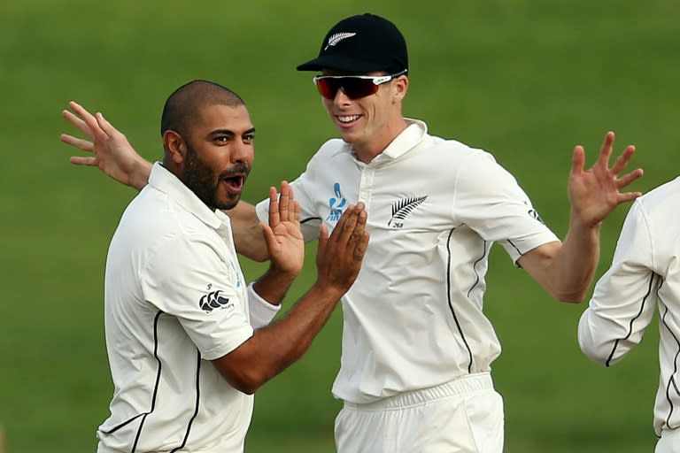 Jeetan Patel (L) and Mitchell Santner of New Zealand celebrate the wicket of Jean-Paul Duminy from South Africa on day four of their third Test match, at Seddon Park in Hamilton, on March 28, 2017