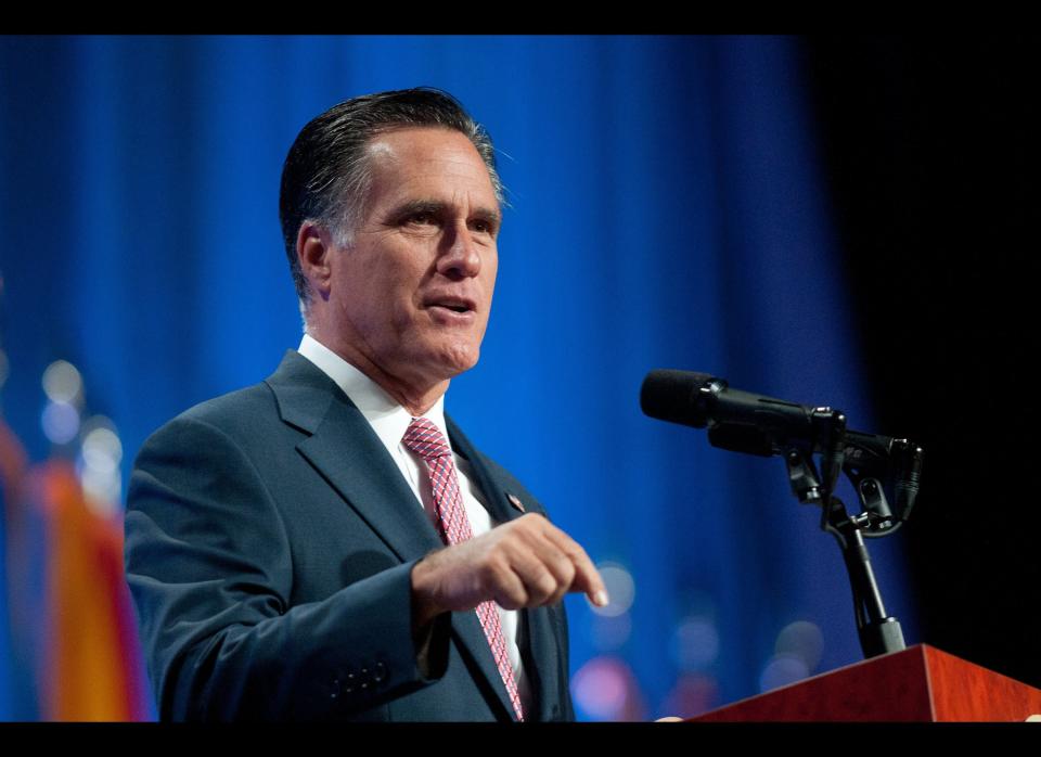 RENO, NV - SEPTEMBER 11:  Republican presidential candidate, former Massachusetts Gov. Mitt Romney addresses the crowd at the 134th National Guard Association Convention at the Reno-Sparks Convention Center, September 11, 2012 in Reno, Nevada. Romney was criticized for failing to mention the war in Afghanistan, and troops serving abroad in his keynote address at the Republican National Convention in Tampa, Florida. (Photo by David Calvert/Getty Images)