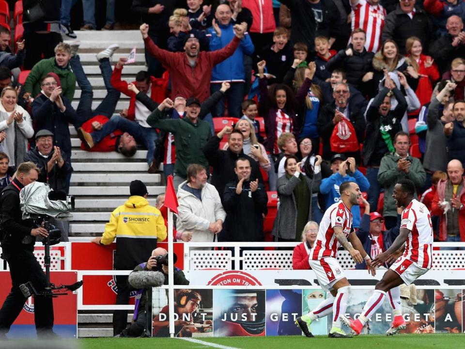 Jese Rodriguez celebrates scoring on his Stoke debut as fans fail to contain their delight (Getty)