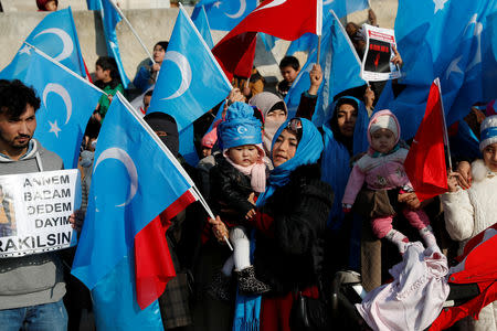 Uighurs take part in a protest against China, in the courtyard of Fatih Mosque, a common meeting place for pro-Islamist demonstrators in the city, in Istanbul, Turkey, December 28, 2018. REUTERS/Murad Sezer