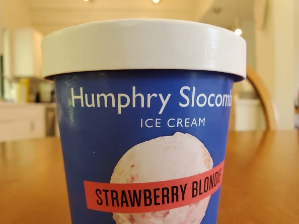 Close-up of a “Humphry Slocombe Strawberry Blondie” ice cream package, photographed on a wooden dining table in Lafayette, California, April 12, 2021. (Photo by Smith Collection/Gado/Getty Images)