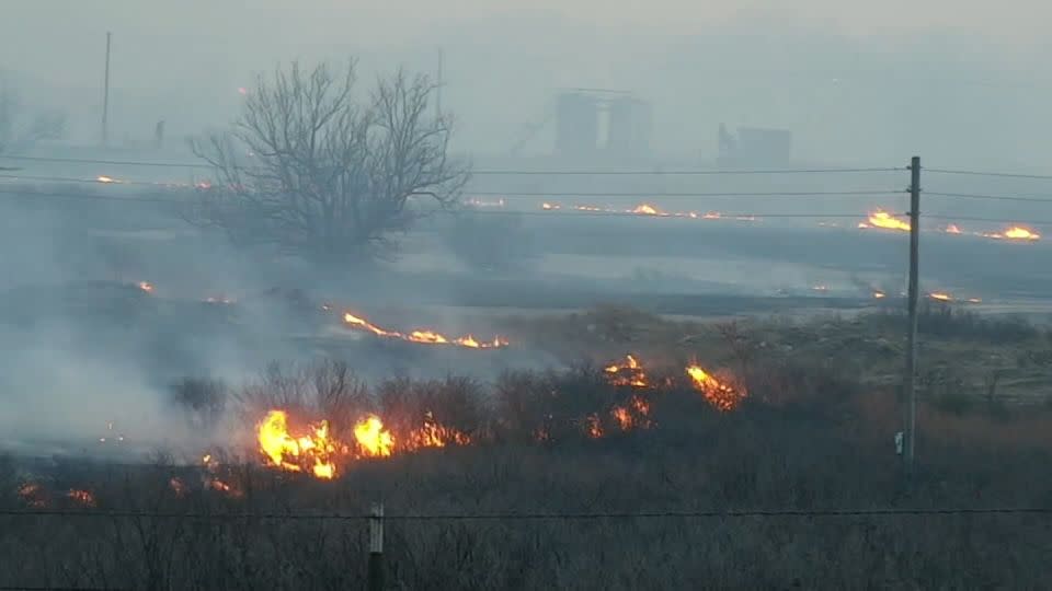 A wildfire is seen burning in Lefors, Texas, on February 27, 2024. - KFDA