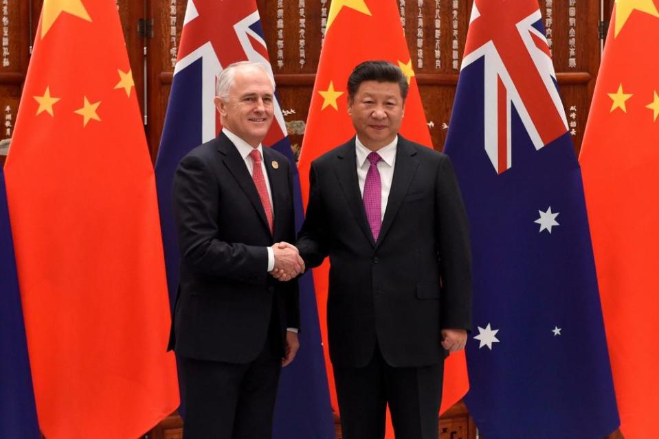 Former Australian prime minister Malcolm Turnbull with Chinese president Xi Jinping. Turnbull’s decision to ban ‘high risk’ vendors such as Huawei from its 5G network is a source of friction with Beijing