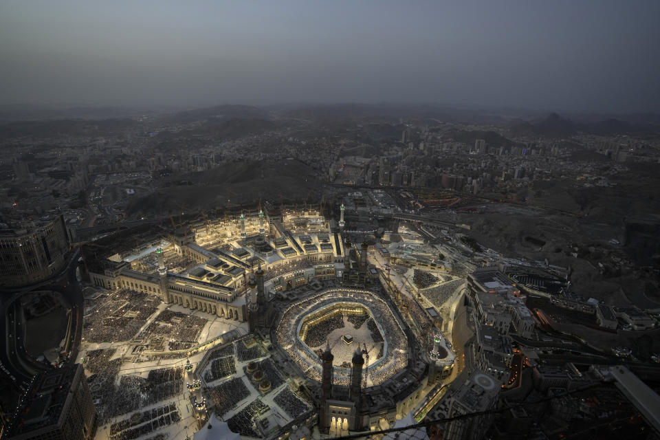 A general view of the Grand Mosque is seen from the Clock Tower during the Hajj pilgrimage in the Muslim holy city of Mecca, Saudi Arabia, Thursday, June 22, 2023. Muslim pilgrims are converging on Saudi Arabia's holy city of Mecca for the largest hajj since the coronavirus pandemic severely curtailed access to one of Islam's five pillars. (AP Photo/Amr Nabil)