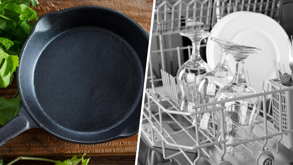 Cast iron pan and dishwashing machine (Shutterstock)