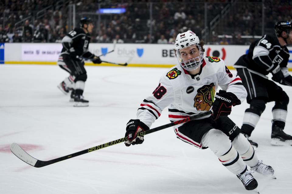 Chicago Blackhawks center Connor Bedard skates during the first period of an NHL hockey game against the Los Angeles Kings, Tuesday, March 19, 2024, in Los Angeles. (AP Photo/Ryan Sun)