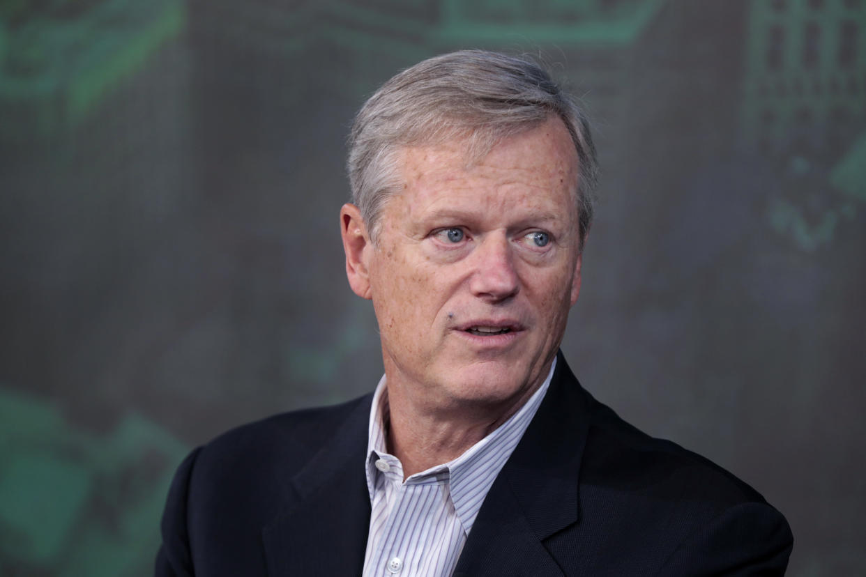 Boston, MA - September 20: NCAA president and former Massachusetts governor Charlie Baker is interviewed by Boston Globe Sports writer Chris Gasper at the Globe Summit 2023. (Photo by Pat Greenhouse/The Boston Globe via Getty Images)