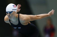 Jul 28, 2012; London, United Kingdom; Natalie Coughlin (USA) prepares to compete in her leg of a women's 4x100m freestyle relay heat during the 2012 London Olympic Games at Aquatics Centre. Mandatory Credit: Rob Schumacher-USA TODAY Sports