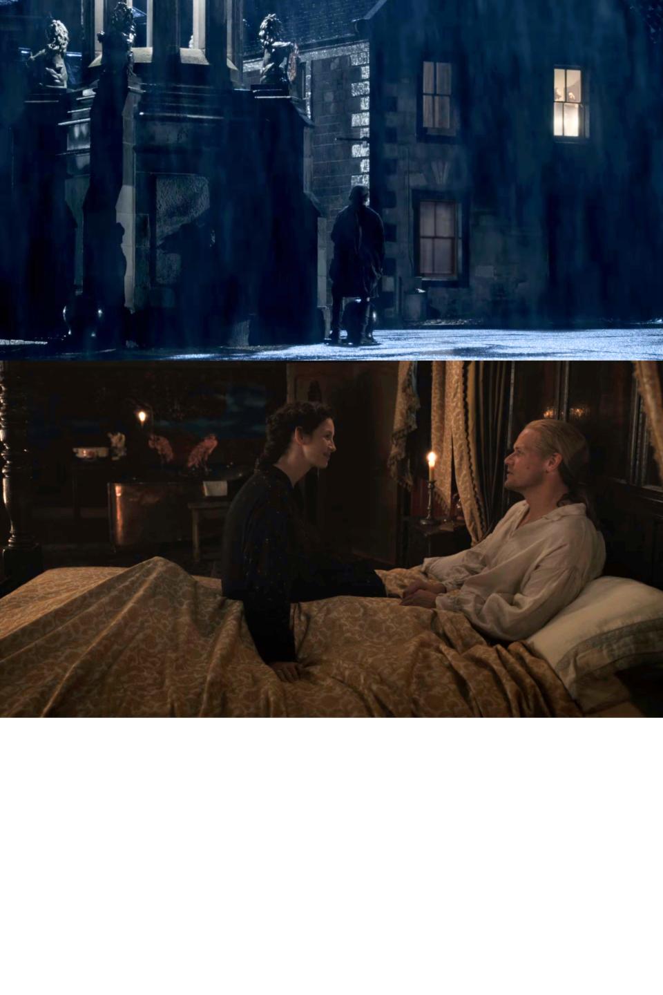 A scene from "Outlander" season one, episode one and season seven, episode two.