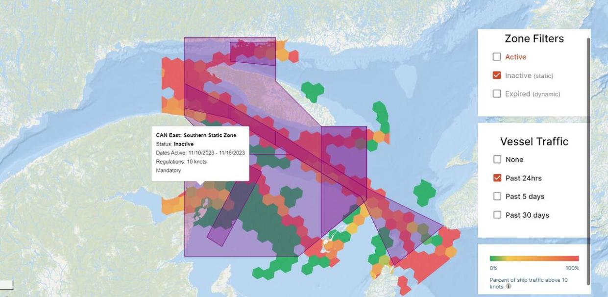 This map from the Whalesafe North America tool shows transparent blue zones where static speed reductions are set to take effect April 17.  It also shows the percentage of ship traffic moving at speeds above 10 knots on a colour scale, from green for zero to red for 100. (Whale Safe - image credit)