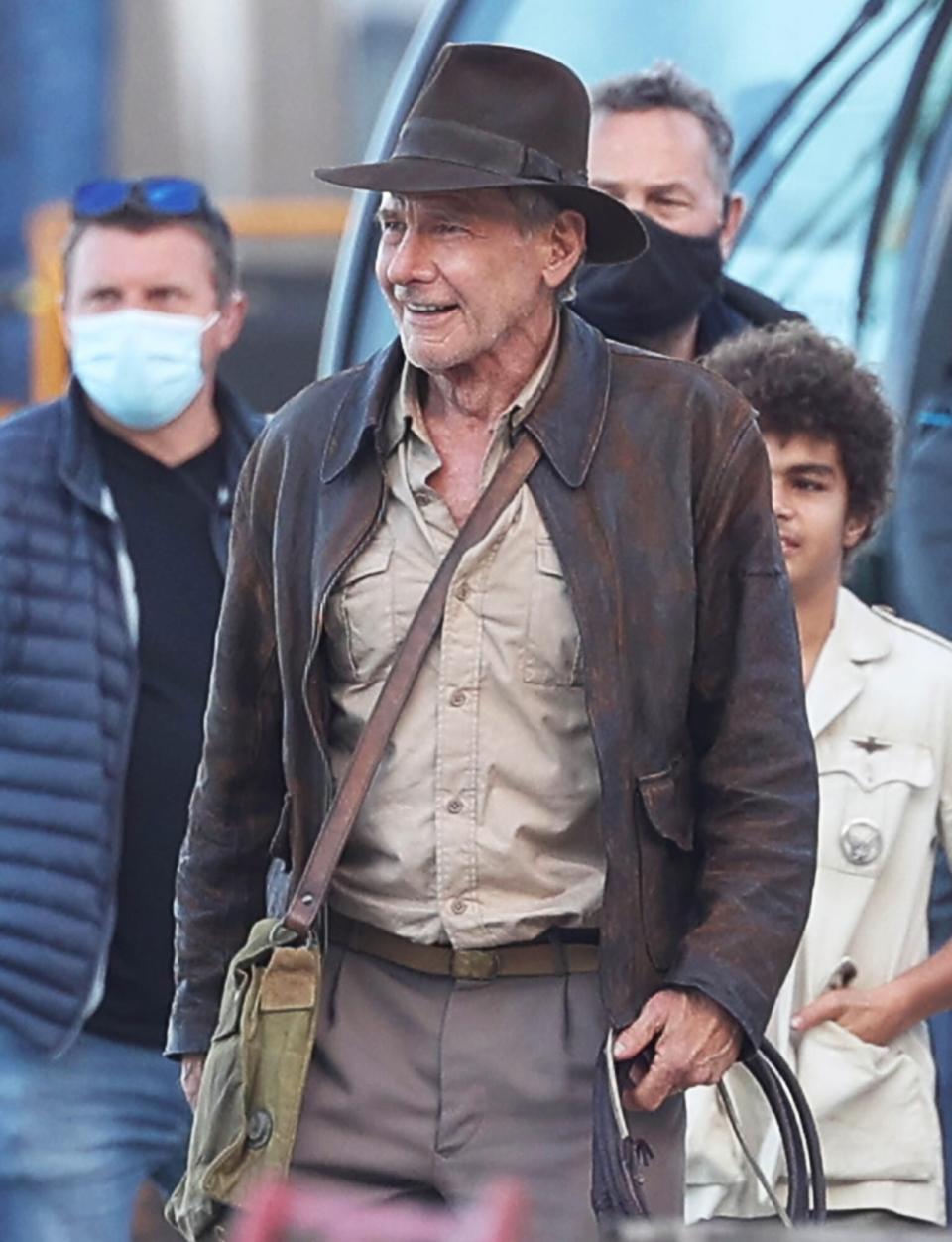 Harrison Ford is seen on the set of "Indiana Jones 5" in Sicily on October 18, 2021 in Castellammare del Golfo, Italy