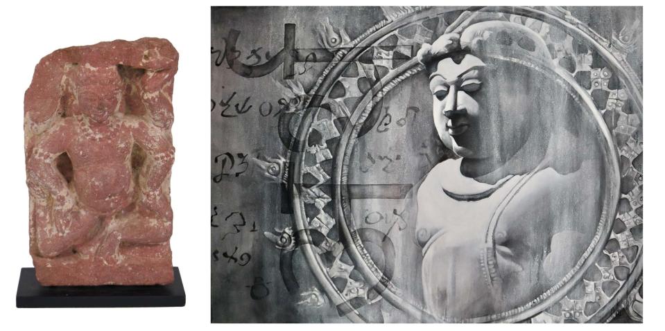 Craig Thomas Marks’s “Oomkapiinaa,” right, was inspired by a a 3rd-century piece from the Gandhara region, which is now northwest Pakistan.