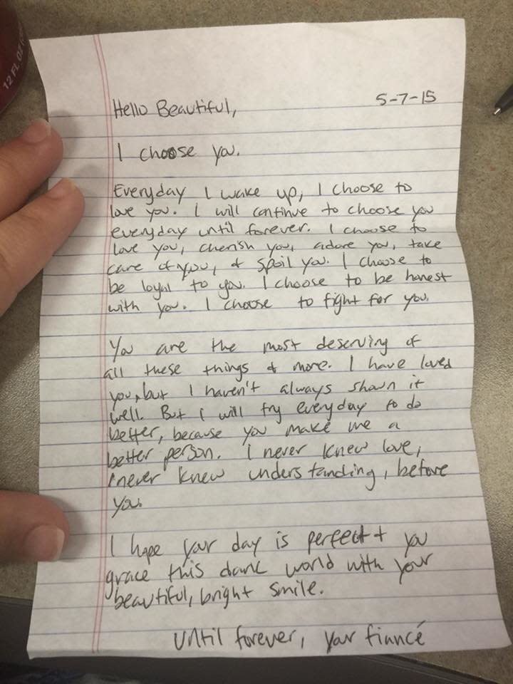 "My fianc&eacute;&nbsp;leaves notes for me regularly, for&nbsp;which I am very grateful. I'm sappy and such a sucker for them!"&nbsp;