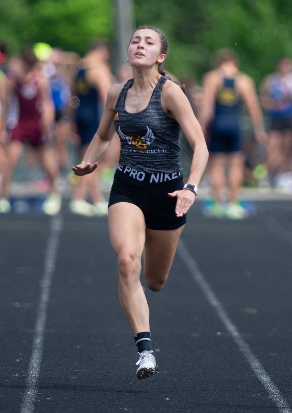 Zoe Turner of Garfield competes in the 100-meter finals at the Division II track & field championships at Lakeview on Saturday, May 21, 2022.