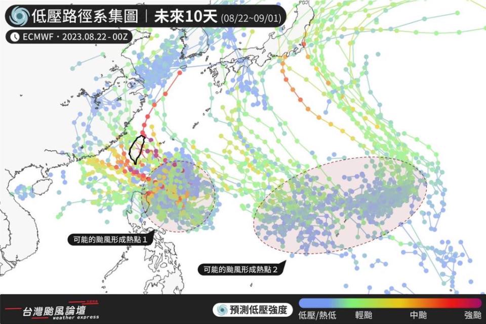 最新的歐洲模式系集圖顯示，模式出現很多路線」，代表進入新的颱風活躍期。(翻攝自台灣颱風論壇｜天氣特急FB)