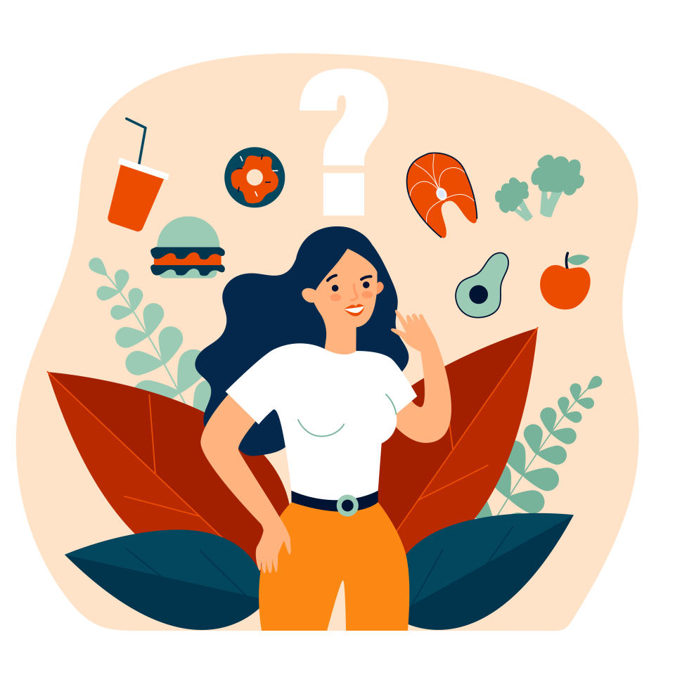 Cheerful woman thinking over her snack and choosing between junk and healthy food. Vector illustration for health, choice, diet, healthy vs unhealthy concept