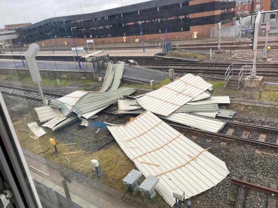 The roof of a building which has blown onto the tracks at Banbury, Oxfordshire, during Storm Eunice. (PA)