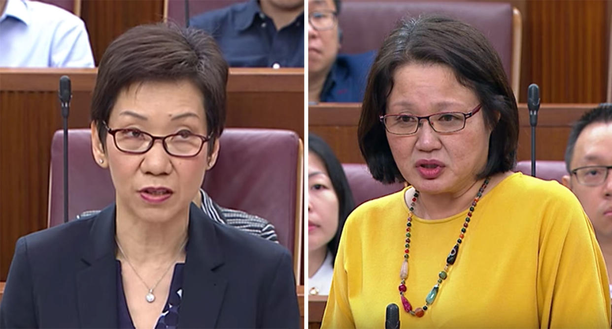 Leader of the House Grace Fu (left) and Workers’ Party chairman Sylvia Lim. (PHOTOS: Screengrabs from gov,sg YouTube channel)