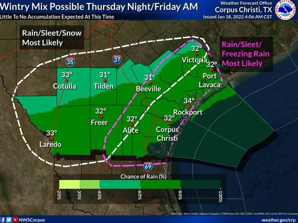 A strong cold front moving through the area this week could bring a wintry mix of rain, sleet and freezing rain to South Texas.