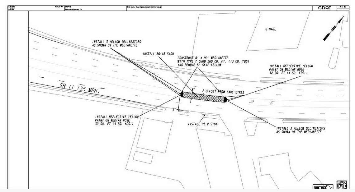 Bibb County provided a possible option for placement of a median at Gray Highway is shown in a drawing.