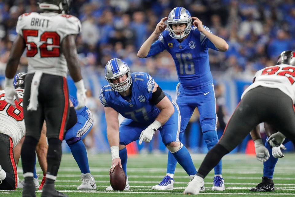 Detroit Lions quarterback Jared Goff (16) talks to teammates before a snap against Tampa Bay Buccaneers during the second half of the NFC divisional round at Ford Field in Detroit on Sunday, Jan. 21, 2024.