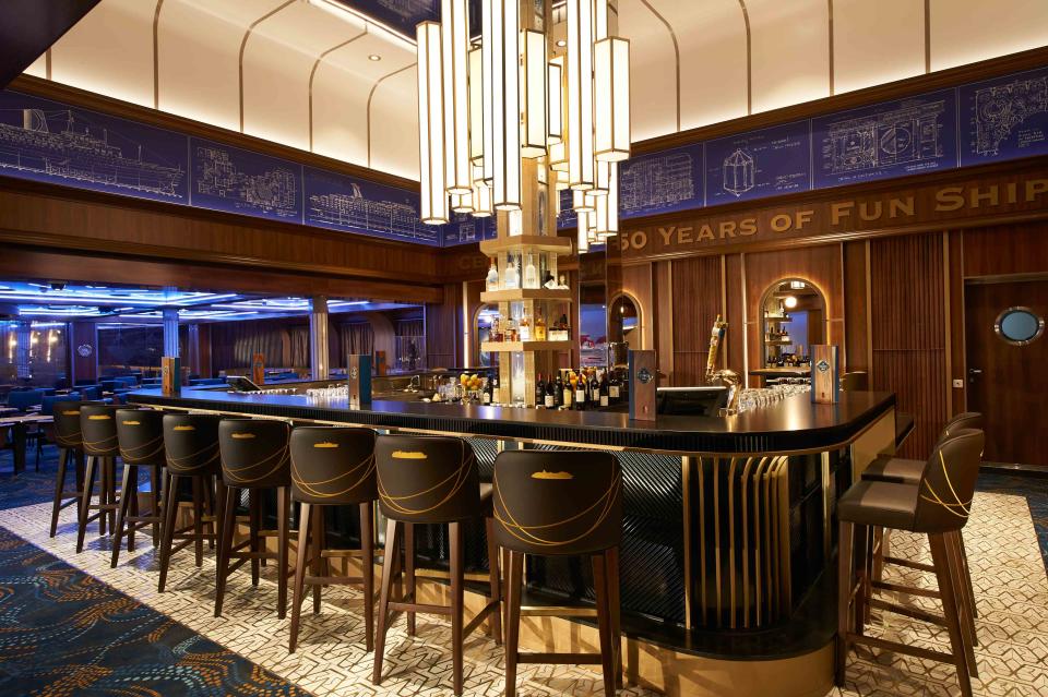 The Golden Jubilee bar and lounge features decor from old Carnival ships.