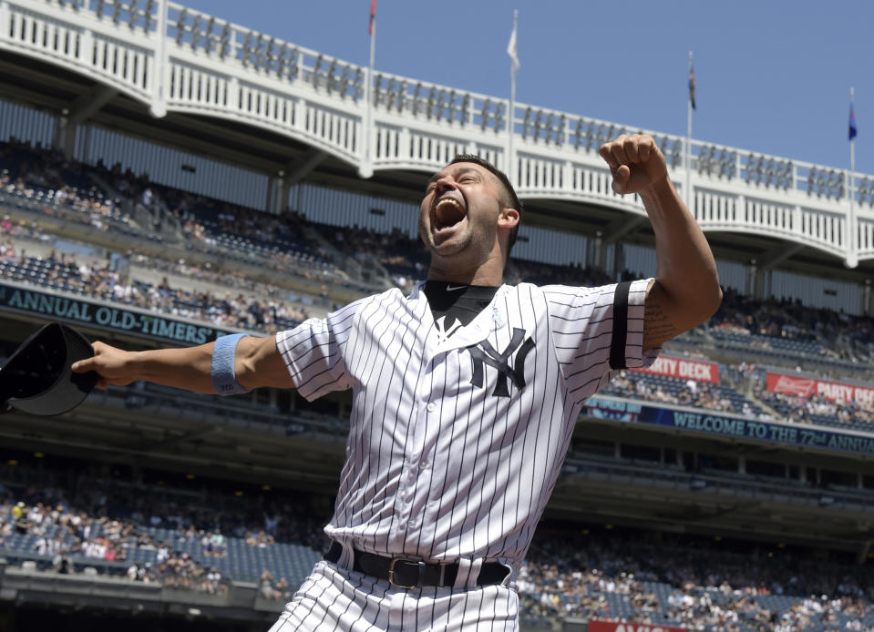 Nick Swisher had a great time at the Old-Timers’ Game at Yankee Stadium. (AP Photo/Bill Kostroun)